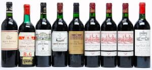 1 bt. Château Léoville Barton, Saint - Julien. 2. Cru Classé 1986 A-AB bn.  etc. Total 9 bts.