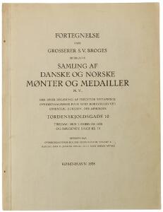 Auktionskatalog, S. V. Broges samling af danske og norske mønter og medailler, 69 sider, 5 tavler, København 1938, uindbundet
