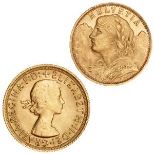 England, Sovereign 1967, KM 908, F 417. Schweiz, 20 Francs 1935, KM 35, F 499, i alt 2 stk.