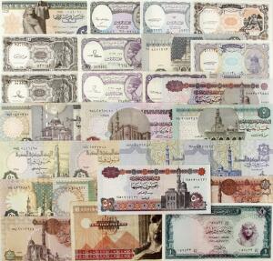 Egypten, lille lot forskellige, overvejende ucirkulerede sedler, i alt 27 stk.