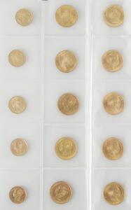 Samling af danske guldmønter bestående af 10 kr og 20 kr mønter fra Christian IX, Frederik VIII og Christian X, i alt 5 stk. 10 kr og 10 stk. 20 kr
