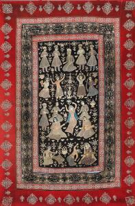 Antikt persisk Rescht brudetæppe udført med silkebroderier på filt bund. 1900-1930. 255 x 168.