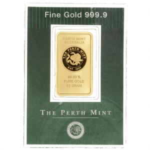 20 g guldbarre i finhed 999,91000 fra The Perth Mint, Australien.