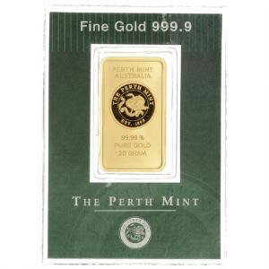 20 g guldbarre i finhed 999,91000 fra The Perth Mint, Australien.