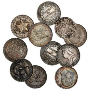 Samling af sølvmønter fra bl.a. Cuba, England, Frankrig og Spanien, i alt 11 stk. med en vægt på ca. 280 g i varierende finhed