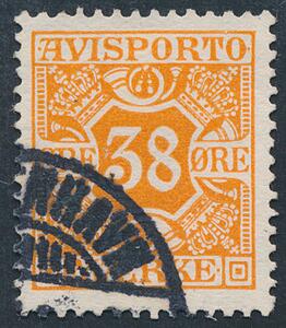 1914. 38 øre, orange, tk.14. Nydeligt stemplet mærke