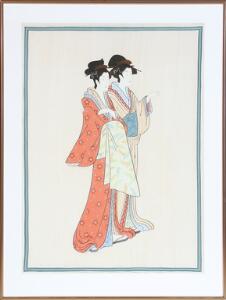 Silkemaleri i farver med to bijins - skønheder. Japan 20. årh. Billede 102 x 75 cm. I ramme.