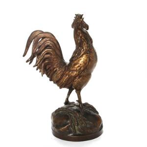 Auguste Cain Figur af delvis forgyldt og patineret bronze i form af hane. Sign A. Cain, Susse Fes Paris samt bronzestøber mærke. H. 30 cm.