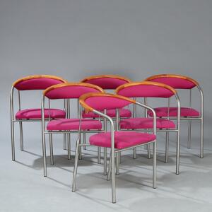 Henrik Tengler Chairman. Et sæt på seks armstole med kopstykker af kirsebærtræ, stel af børstet stål, sæde og ryg med violet betræk. 6