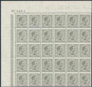 1921. Chr. X, 50 øre grå. Postfrisk øvre marginal 30-blok No 448 I. AFA 7500