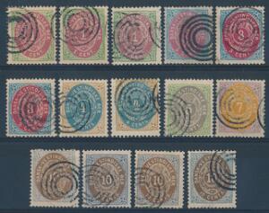 1873-1896. Tofarvede. 1-10 Cents. Planche med 14 pæne mærker, alle annulleret med 4-ringsstempler. AFA 4330