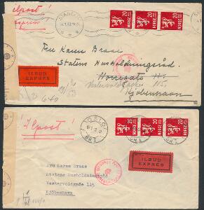 1943. 2 Ilbud-Expres breve, begge sendt til Danmark, ene med 2 stempler på bagsiden Forsøgt afleveret.