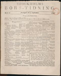 1826. STOCKHOLMS BÖRS-TIDNING. Med rødt stempel.