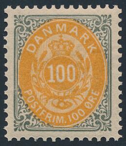 1895. 100 øre, grågul, tk.12, omv. rm. Perfekt centreret postfrisk eksemplar. AFA 1800