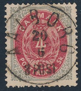 1870. 4 sk. grårød. Helt perfekt retvendt LUXUS-stempel AALBORG 20.6.3POST. Lille tyndhed i nedre venstre side.