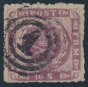 1863. 16 sk. rosalilla. Stukken kant. Pænt og farvefriskt mærke, annulleret med nr.stempel 1. AFA 7500