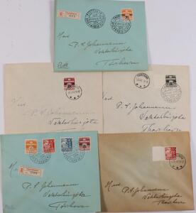 1940. Provisorier. 1.Oplag. Komplet sæt, PÅ FDC. Brugt på 5 forskellige kuverter som alle er stemplede på UDGIVELSESDAGEN. Et sjældent sæt.