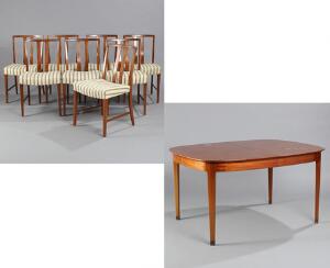 Dansk møbeldesign Udtræksbord af mahogni med fire tillægsplader samt et sæt på otte stole. Ca. 1950erne. Bord H. 74. L. 140380. B. 110. 9