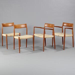 Niels O. Møller Et par stole og et par armstole af teaktræ, sæder med flettet uldgarn. Model 77 og 57. Udført hos J. L. Møller, Højbjerg. 4