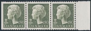 1977. Margrethe. 180 øre, sortgrøn. 3-STRIBE, hvar venstre mærke er DELVIST UTAKKET. Meget sjældent mærke der kun kendes i få eksemplarer.