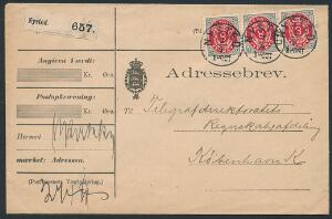 1895. 8 øre, grårød, tk.12 omv. rm. 3-STRIBE på smukt adressebev, annulleret med 3 retvendte stempler NYSTED 2.9.1POST.