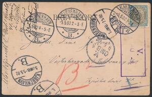 1902. 3 øre, gråblå. Vm.III. Single på brev-kort til København med omadresseringer og adskillige stempler. Interessant forsendelse.
