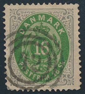 1870. 16 sk. grågrøn. Pænt, farvefriskt mærke. AFA 1500