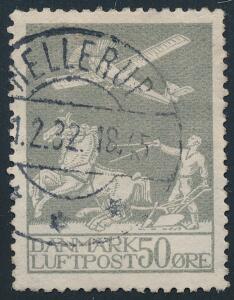 1929. Gl. luftpost 50 øre, grå. Pænt stemplet i HELLERUP 1.2.32. AFA 2200