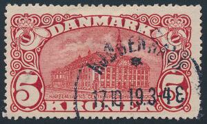 1915. 5 kr. Posthus, brunrød. Vm.IV. Pænt stemplet eksemplar. AFA 1300