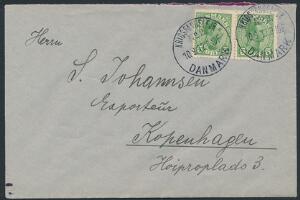 1917. 5 øre, Chr.X, grøn. 2 stk. på brev til Kopenhagen, stemplet KRIGSFANGELEJR NO.2. DANMARK 10.9.17.