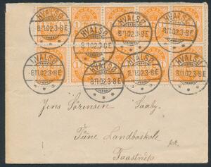 1902. 1 øre, Våben, orange. 10-BLOK, på smuk og dekorativ forsendelse, send til Tåstrup, annulleret HVALSØ 8.11.02.