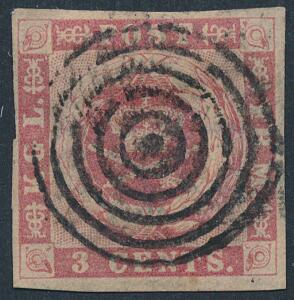 1866. 3 cents, rosa. Plade II, pos. 32. Smukt mærke med centralt stumt stempel