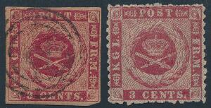 1856-1872. 3 cents, karmin. brun gummi. Plade I nr. 3. samt samme i linetakket udgave