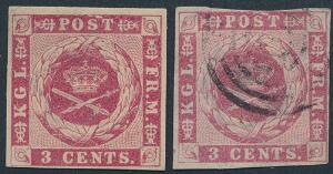 1866. 3 cents, rosa. Plade I, nr. 9 med variant Plet over S. Ubrugt og stemplet. Den stemplede med småfejl