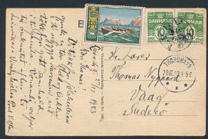 LERVIG. Stjernestempel på brevkort med 2 stk. 10 Øre, Bølgelinie og julemærke 1923. Højre mærke defekt.