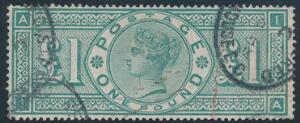 England. 1887. Victoria. 1 £. grøn. Fint stemplet mærke, dog en enkelt afkortet tak i venstre side. SG £ 700
