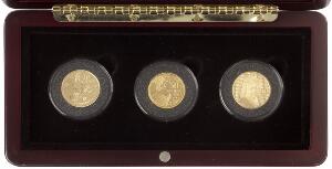 Æske med guldmønter, Holland, 10 Euro 2006, Frankrig, 10 Euro 2006, Belgien, 50 Euro 2006, i alt 3 stk., Au, 21,4 g 9001000