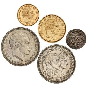 20 kr 1873, H 8A, F 295, 10 kr 1898, H 9B, F 296, erindringsmønter, 2 kr 1923, 1930 samt Norge, 2 skilling 1709, H 7A, NM 51, i alt 5 stk.