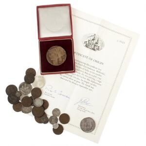 Mønter fra Danmark, Norge, Spanien, Sverige, Tyskland og Østrig, bl.a. Stralsund, 16 Reichstaler 1625, erindringsmønt 1960 m.m.