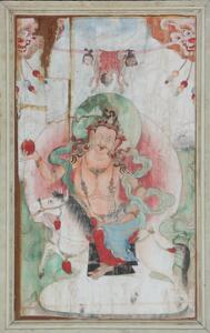 Fem billed fragmenter, mongolske eller tibetanske med forskellige buddhaer i farver. 20. årh. I ramme. Hver ca. 34 x 71 cm. 5