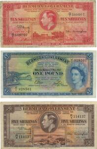 Bermuda, 10 Shillings 1937, Pick 10b 5 Shillings 1937, Pick 8b Pound 1957, Pick 20b. 3