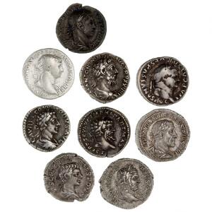 Romerske kejserdømme, lot på 9 denarer fra forskellige kejsere fra Vespasian til Maximianus
