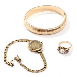 Perle- og rubinring, armring samt art decó damearmbåndsur 14 kt. guld. Ringstr. 54. 3