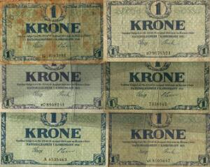 Samling af 1 kr sedler fra 1914, 1916, 1918 og 1921, i alt 12 stk. i varierende kvalitet