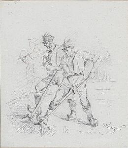 P. S. Krøyer Skitse til Italienske markarbejdere. Sign. S. Krøyer. Kul på papir monteret på papir. Bladstørrelse 18 x 16.