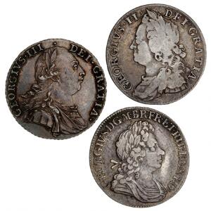 England, George I, shilling 1723, S 3647 George II, shilling 1747, S 3707 George III, shilling 1787, S 3743