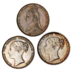 England, Victoria, 1837 - 1901, shilling 1865, S 3905 shilling 1874, S 3906A shilling 1890, S 3927
