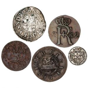 Tyskland, Pommern under Carl X. Gustav, Dobbeltschilling 1656, Stettin, S.B. 39. Regensburg og Rostock, 3 mindre mønter, 18. århundrede. 4