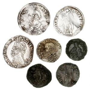 Vatikanet, lille lot på 7 sølv- og billonmønter, 16. århundrede, fra forskellige paver