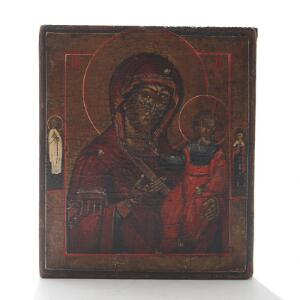 Russisk ikon forestillende Gudsmoder og Jesusbarnet. Tempera på træ. Ca. 1880. 22 x 19.